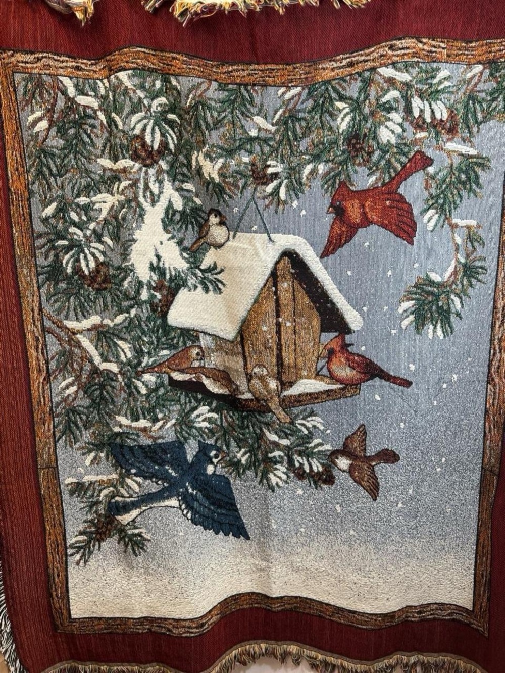 Vintage Winter Birdhouse Tapestry Throw – Cardinal & Pine Scene
